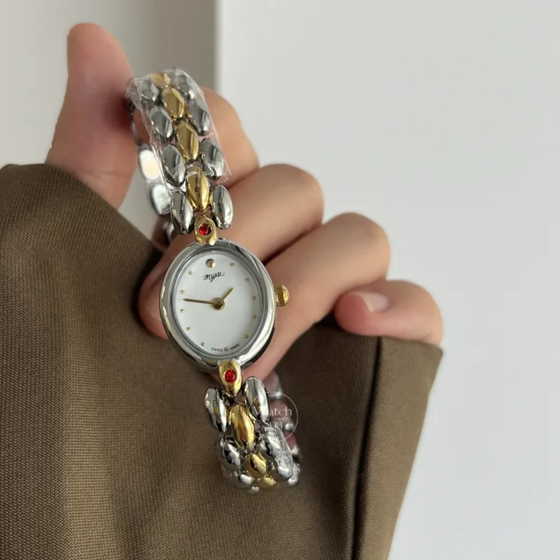Vintage-Inspired White Dial Oval Face Two Tone Bracelet Watch for Women