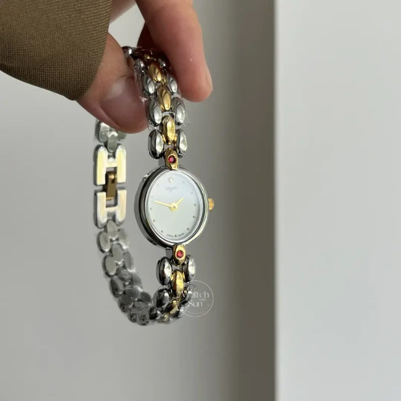 Vintage-Inspired White Dial Oval Face Two Tone Bracelet Watch for Women