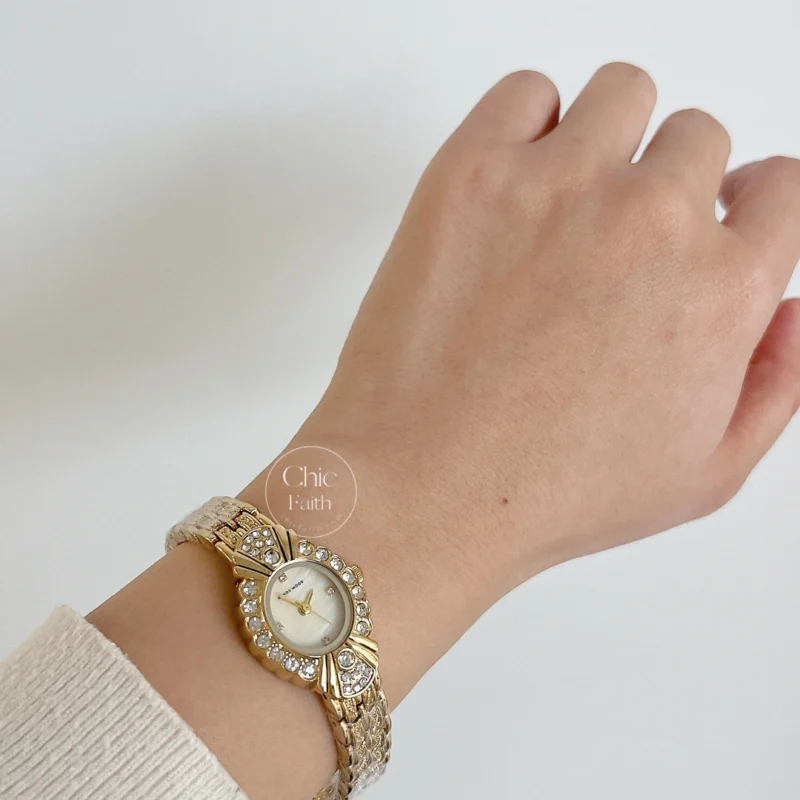 Retro Beige Mother of Pearl Dial Oval Gold Watch for Women