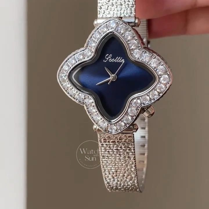 Silver Four Leaf Clover Face Blue Dial Watch for Women