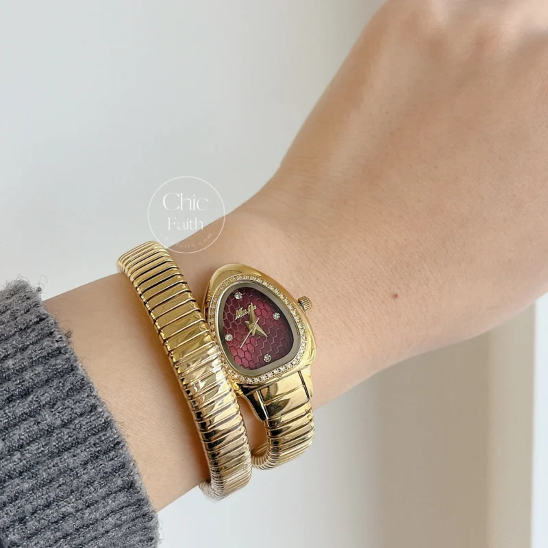 Snake Head Watch Burgundy Red/Green Dial Gold Ladies Watch