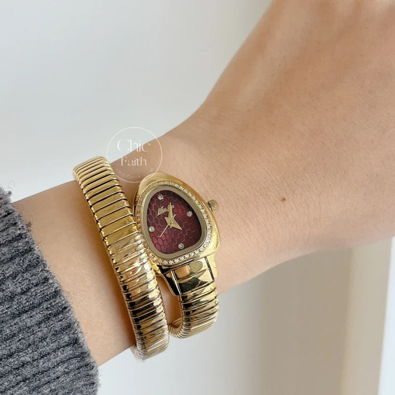 Snake Head Watch Burgundy Red/Green Dial Gold Ladies Watch