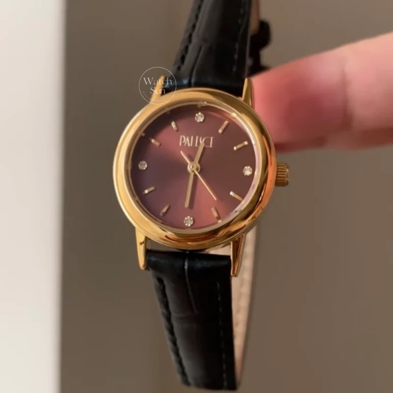 Round Burgundy Dial Ladies Watch Minimalist Black Leather Strap Watch