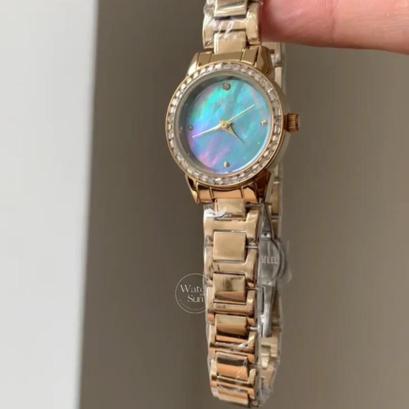 Chic Round Face Gold Bracelet Watch Blue Mother-of-Pearl Dial Ladies Watch