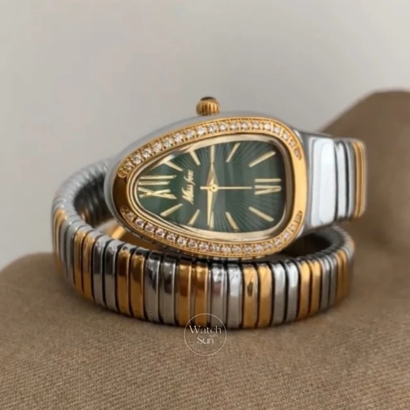 Snake Head Two-Tone Bracelet Watch Elegant Burgundy/Green Dial Watch