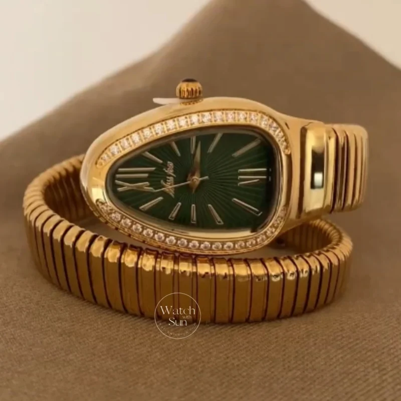 Luxury Snake Head Ladies Watch Gold Bracelet Green Dial Watch