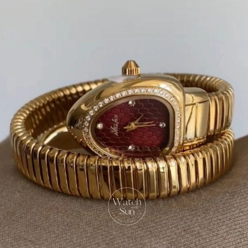 wws742-6 Snake Head Watch Burgundy Red/Green Dial Gold Ladies Watch
