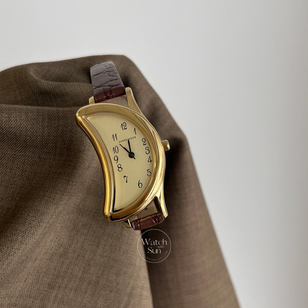 Vintage-Inspired Half Moon Shaped Watch Brown Leather Strap Ladies Watch