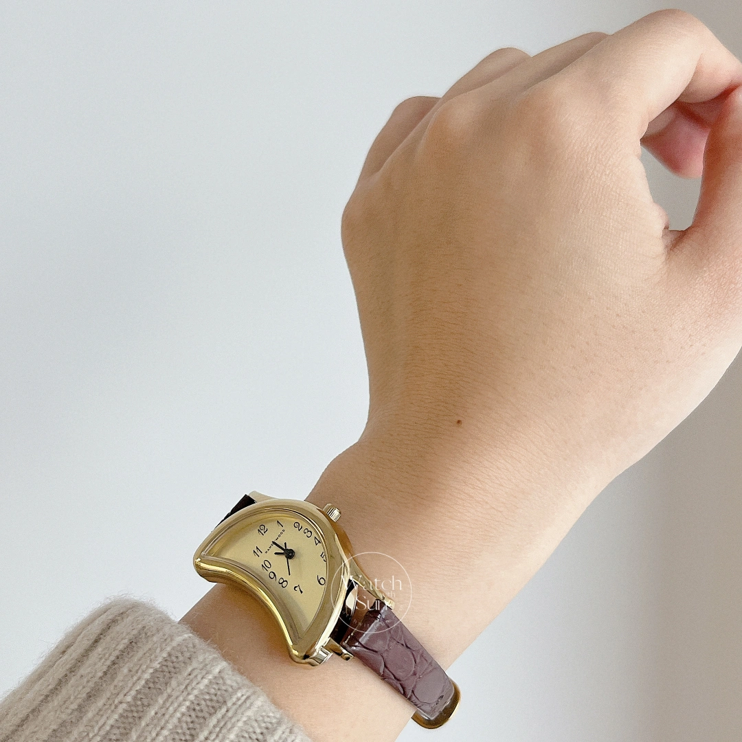 Vintage-Inspired Half Moon Shaped Watch Brown Leather Strap Ladies Watch