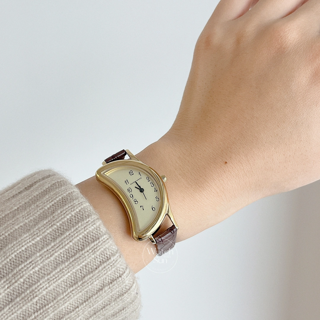 Vintage-Inspired Half Moon Shaped Watch Brown Leather Strap Ladies Watch