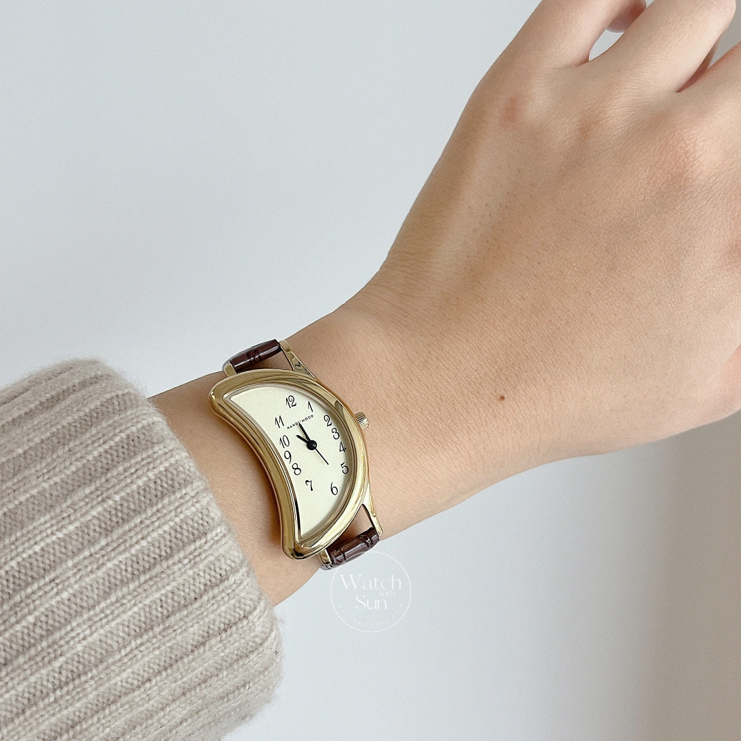 Vintage-Inspired Half Moon Shaped Watch Brown Leather Strap Ladies Watch