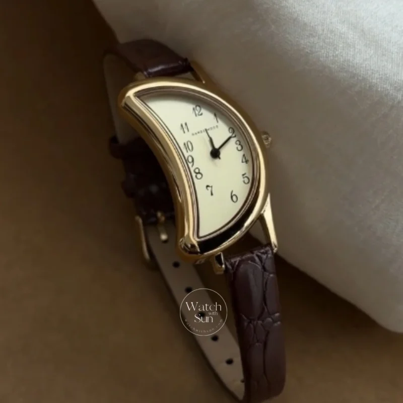 750-4 Vintage-Inspired Half Moon Shaped Watch Brown Leather Strap Ladies Watch