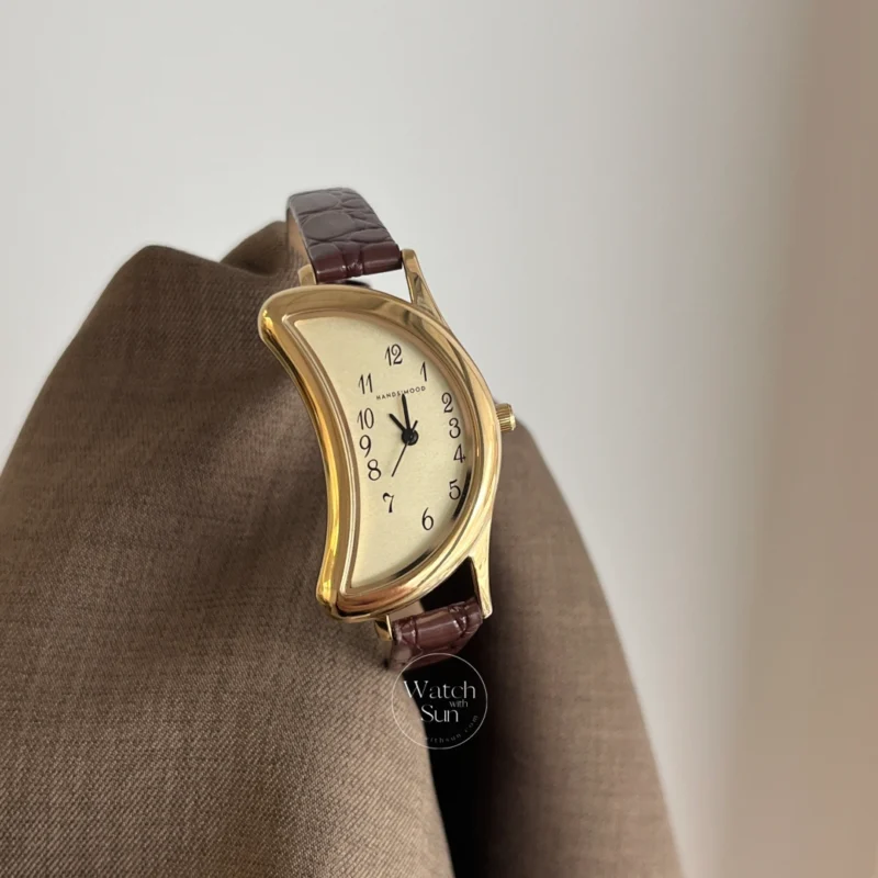 Vintage-Inspired Half Moon Shaped Watch Brown Leather Strap Ladies Watch