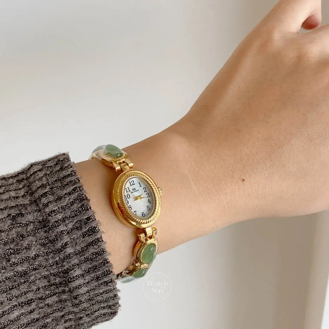 Elegant Oval Mother of Pearl Dial Green Jade Bracelet Ladies Watch