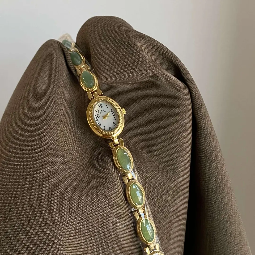 Elegant Oval Mother of Pearl Dial Green Jade Bracelet Ladies Watch