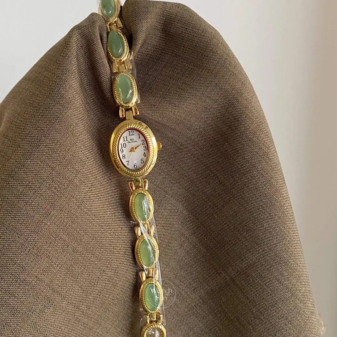 Elegant Oval Mother of Pearl Dial Green Jade Bracelet Ladies Watch
