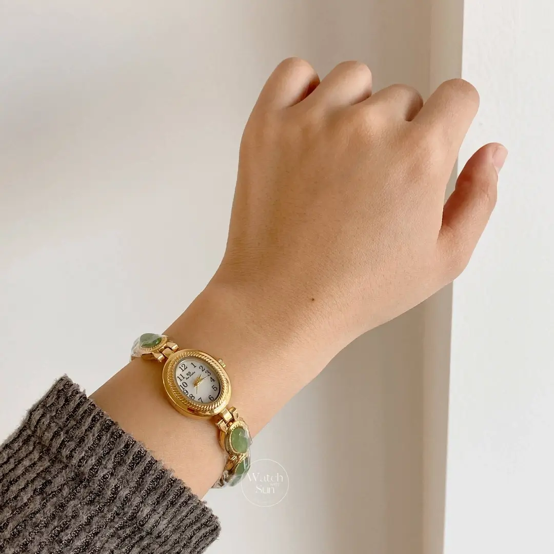 Elegant Oval Mother of Pearl Dial Green Jade Bracelet Ladies Watch