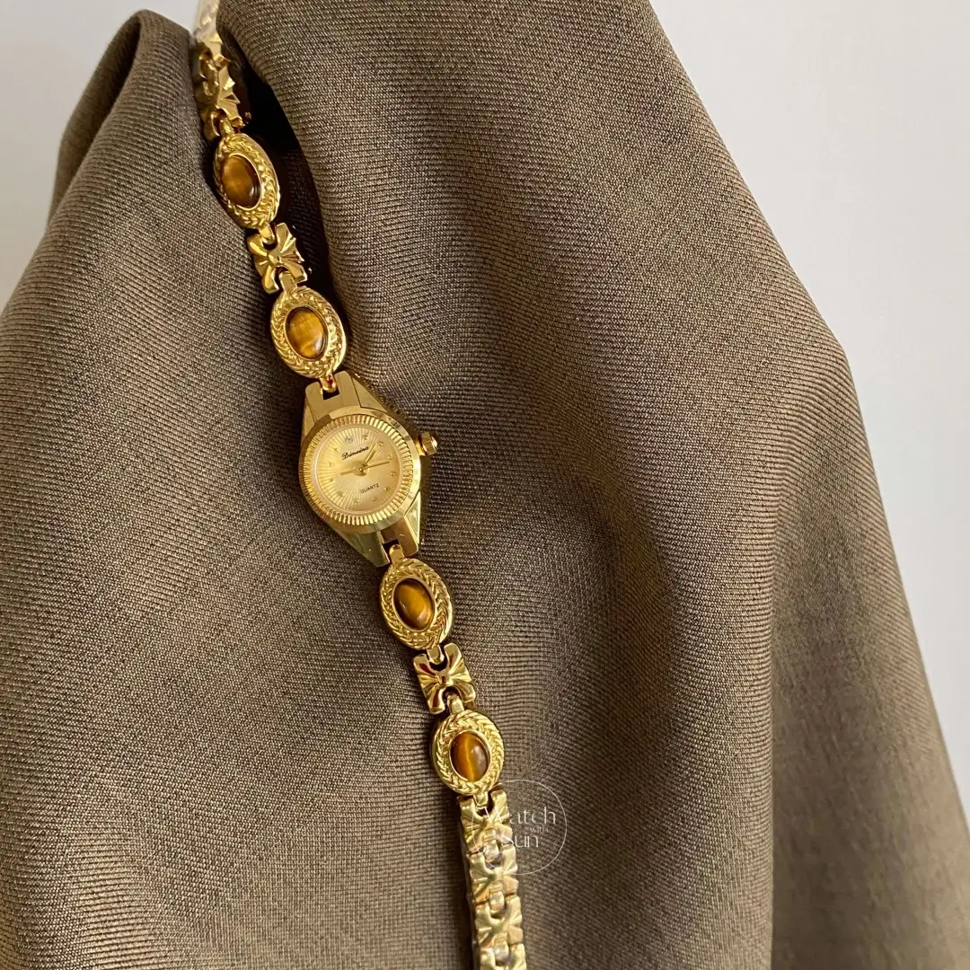 Vintage-Inspired Small Face Gold Watch Tiger's Eye Stone Bracelet Ladies Watch for Petite Wrist