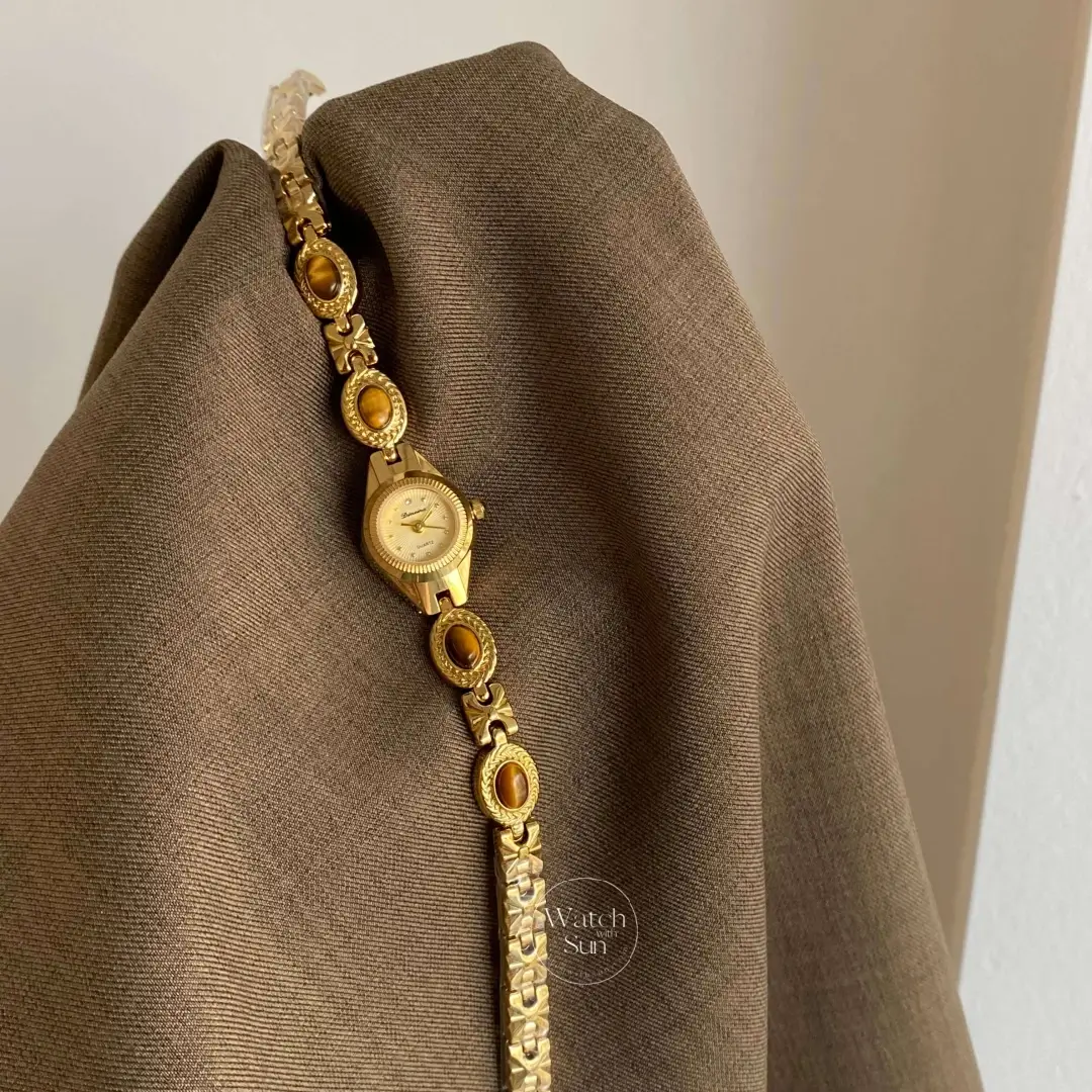 Vintage-Inspired Small Face Gold Watch Tiger's Eye Stone Bracelet Ladies Watch for Petite Wrist