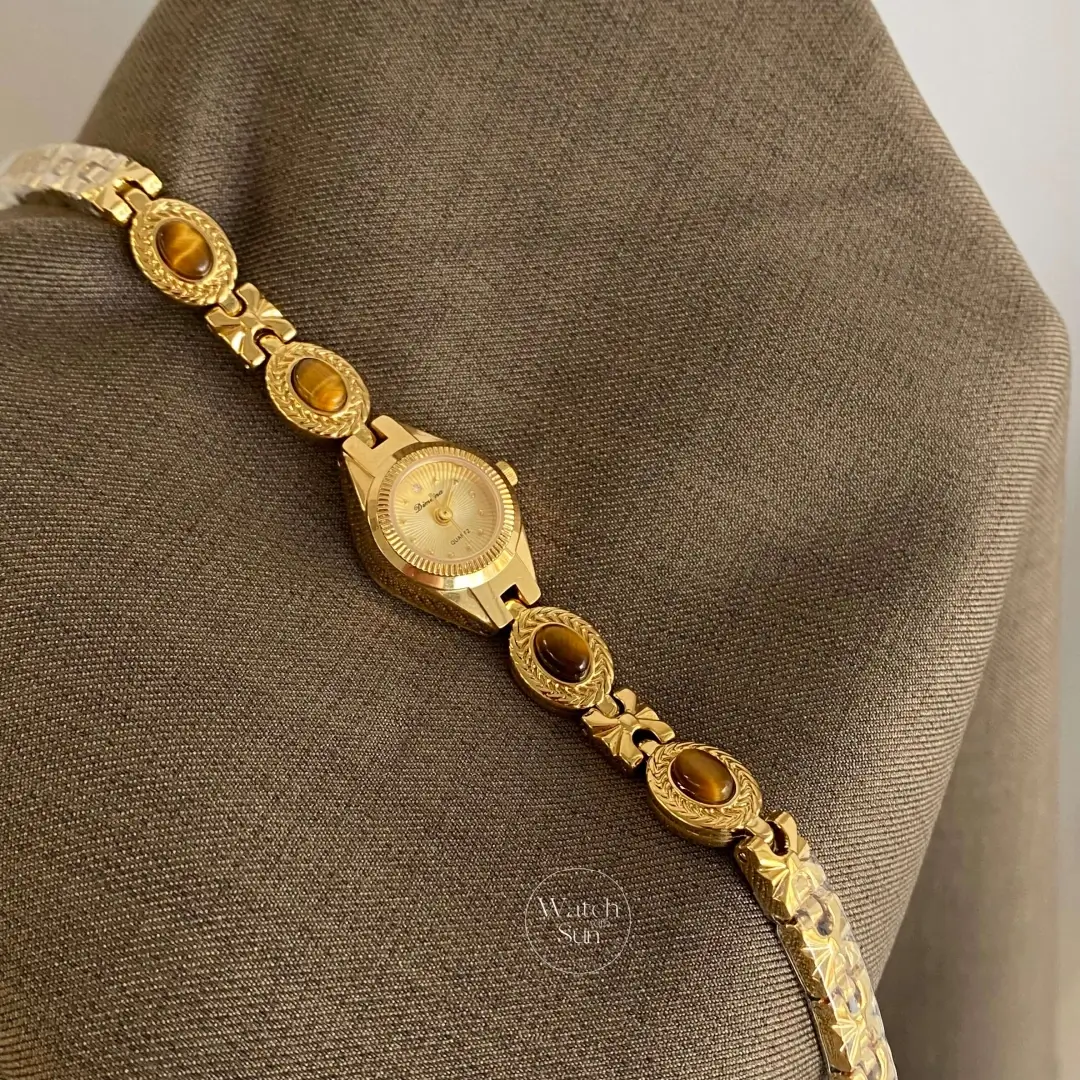 Vintage-Inspired Small Face Gold Watch Tiger's Eye Stone Bracelet Ladies Watch for Petite Wrist