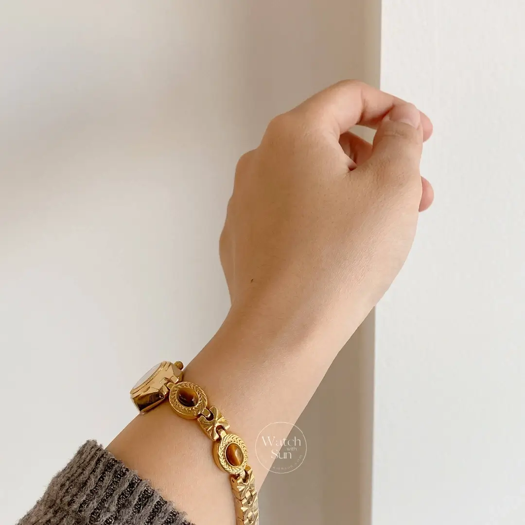 Vintage-Inspired Small Face Gold Watch Tiger's Eye Stone Bracelet Ladies Watch for Petite Wrist