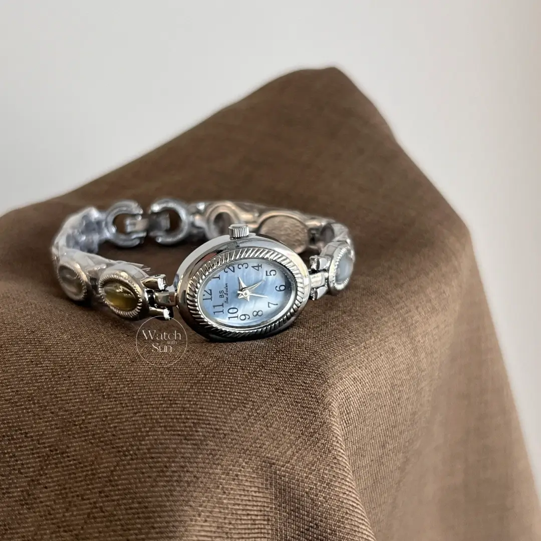 Elegant Oval Blue Mother of Pearl Dial Silver Bracelet Ladies Watch