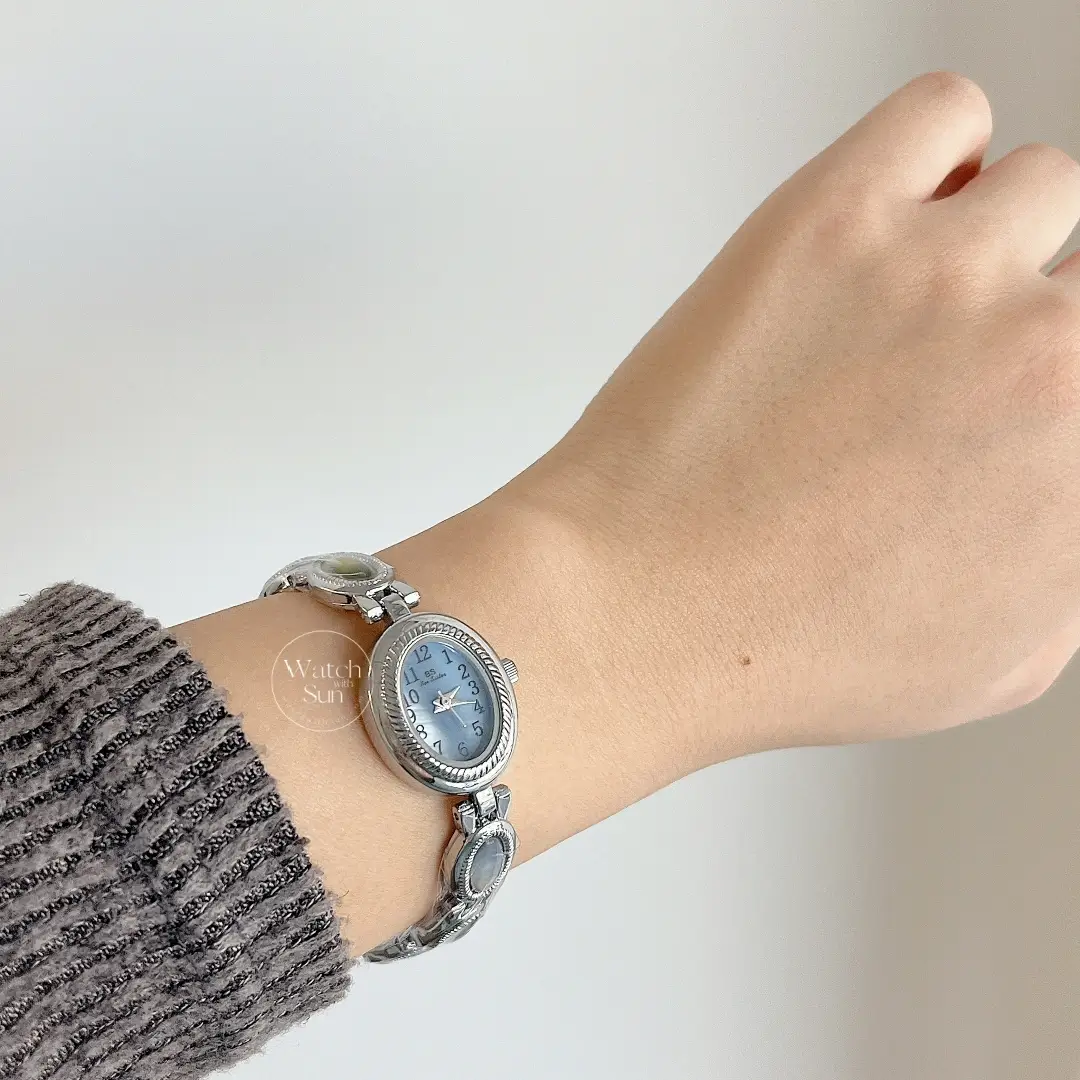 Elegant Oval Blue Mother of Pearl Dial Silver Bracelet Ladies Watch