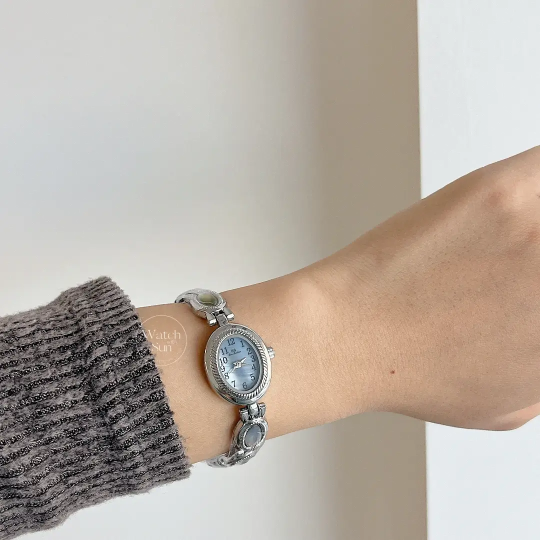 Elegant Oval Blue Mother of Pearl Dial Silver Bracelet Ladies Watch