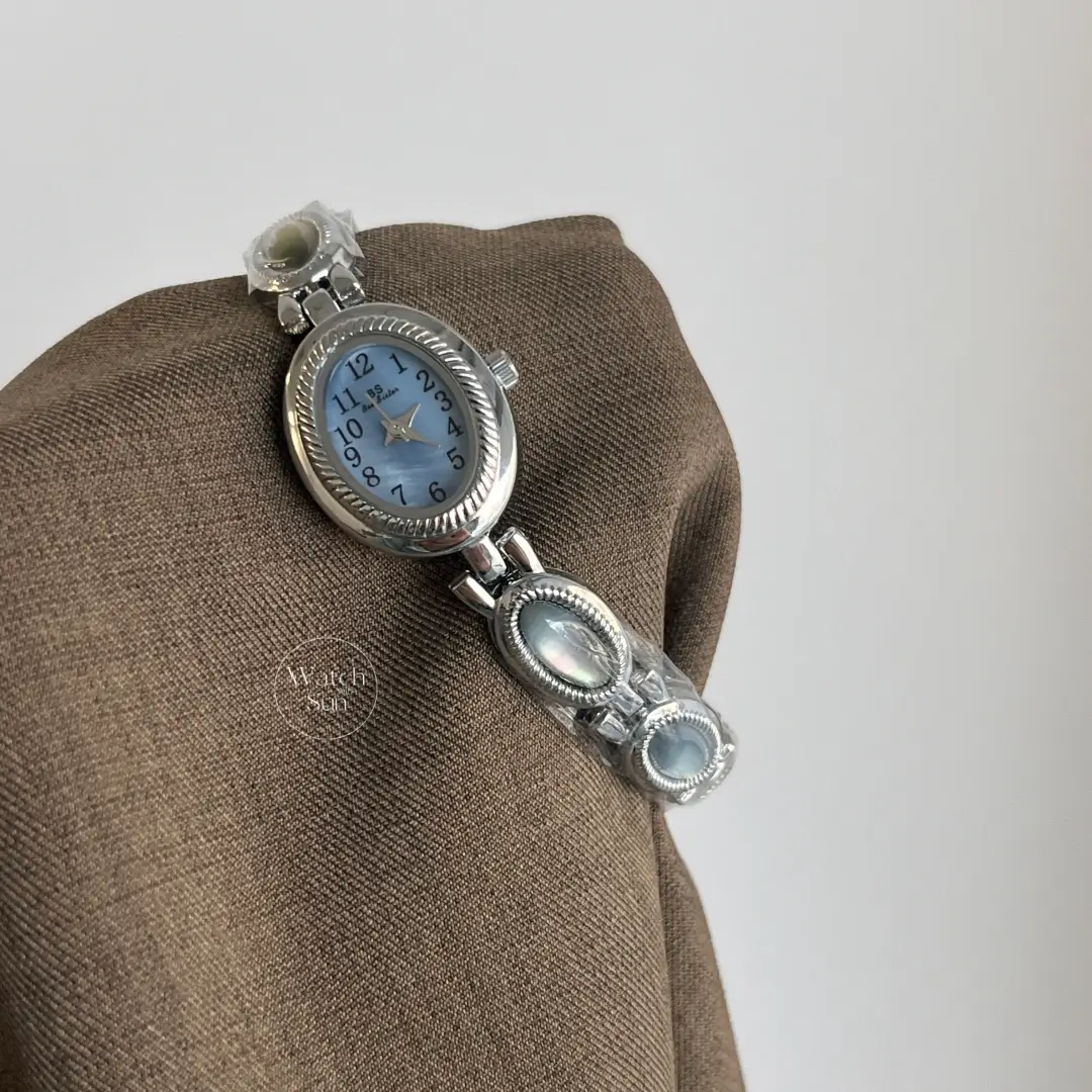 Elegant Oval Blue Mother of Pearl Dial Silver Bracelet Ladies Watch