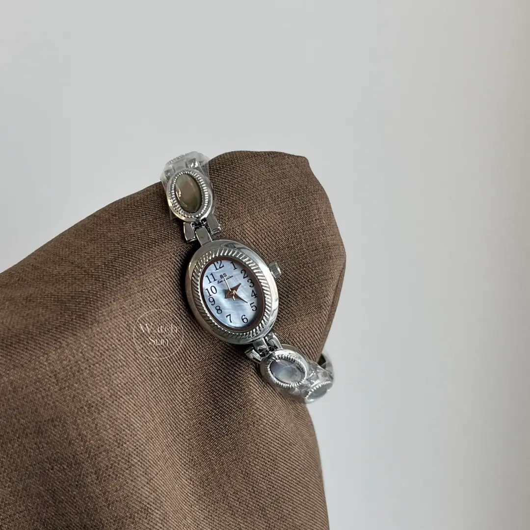 Elegant Oval Blue Mother of Pearl Dial Silver Bracelet Ladies Watch