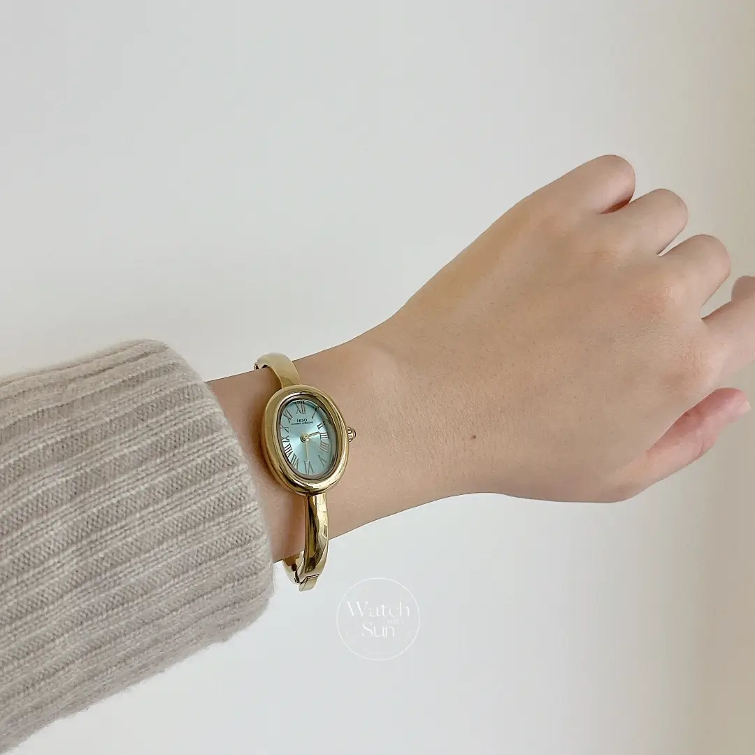 Retro Oval Boho Green Dial Gold Bangle Ladies Watch