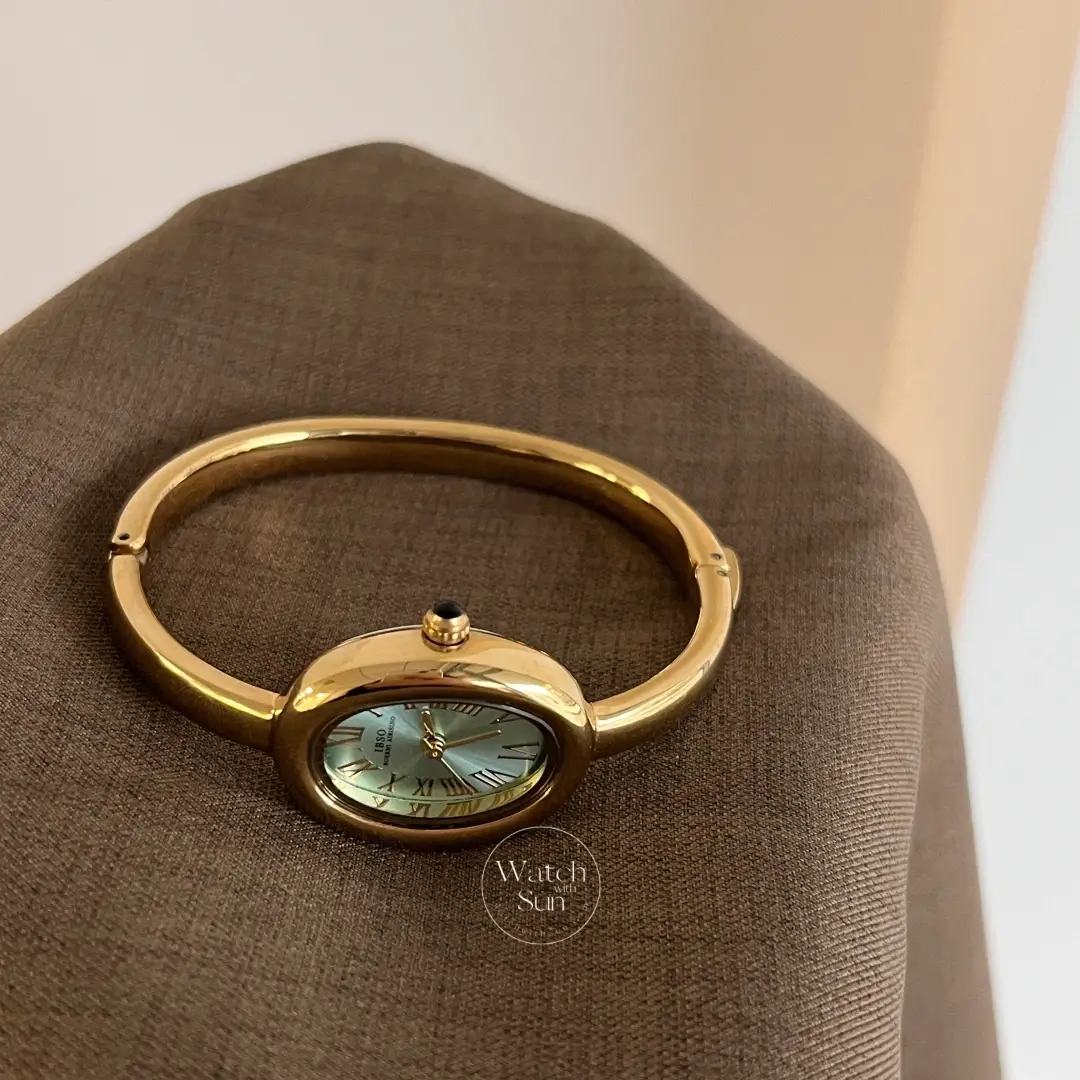 Retro Oval Boho Green Dial Gold Bangle Ladies Watch