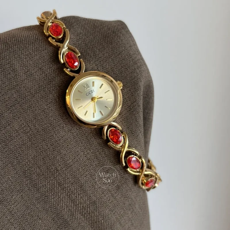 Elegant Round Dial Watch for Women Ruby Red Gold Bracelet Watch