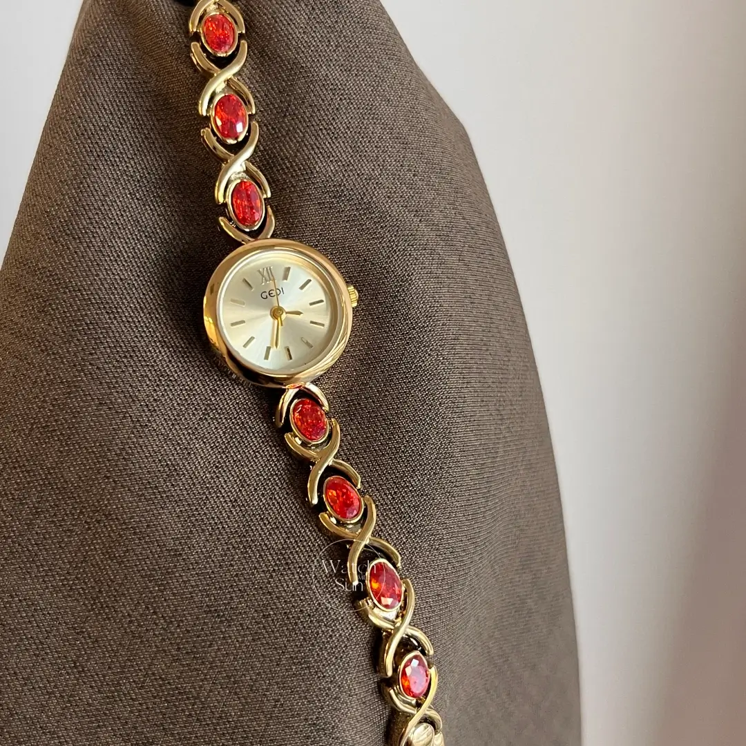 Elegant Round Dial Watch for Women Ruby Red Gold Bracelet Watch