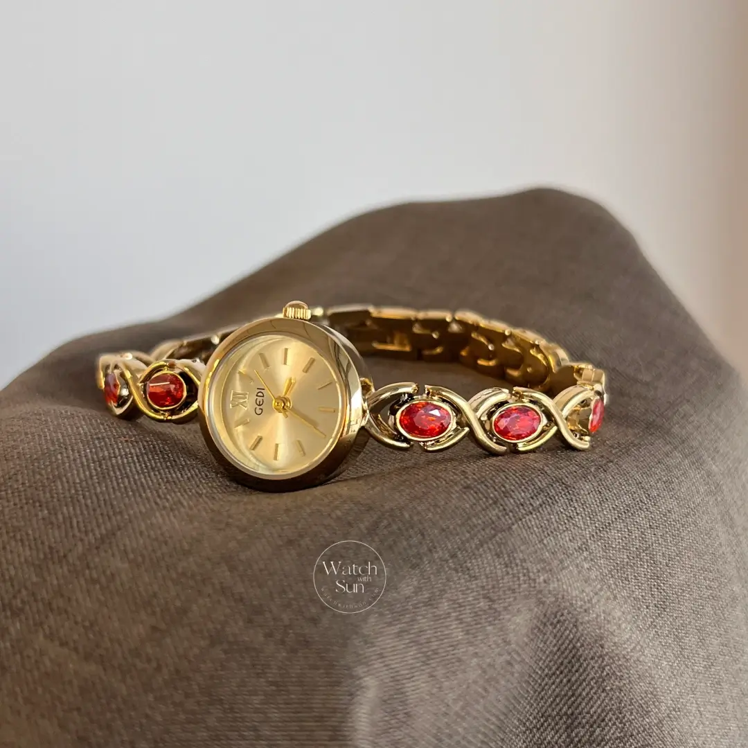 Elegant Round Dial Watch for Women Ruby Red Gold Bracelet Watch