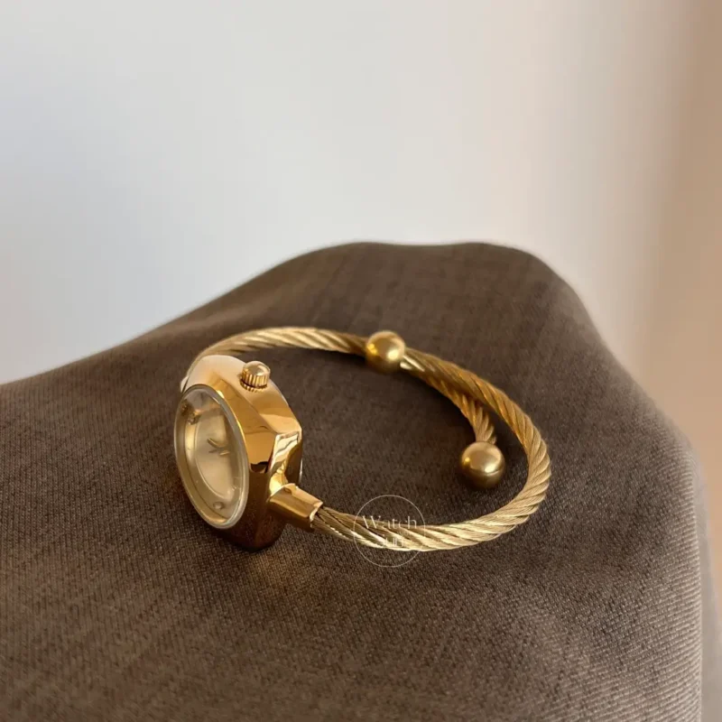 Minimalist Gold Cable Bangle Watch for Women Silver Dial Ladies Watch