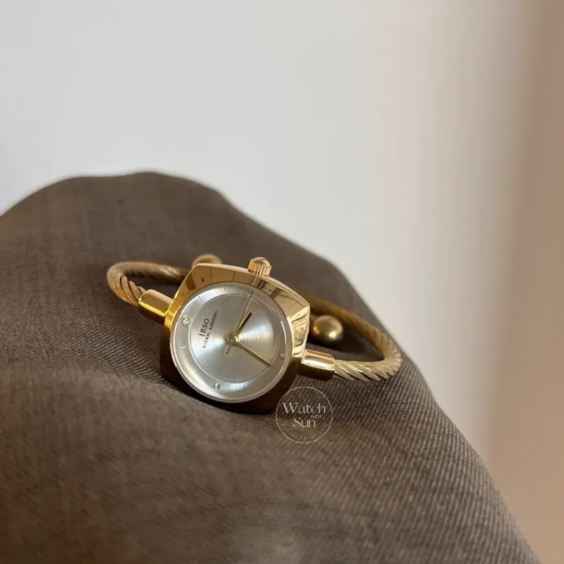 Minimalist Gold Cable Bangle Watch for Women Silver Dial Ladies Watch