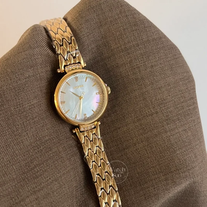 769-6 Dainty Mother of Pearl Round Dial Gold Bracelet Ladies Watch