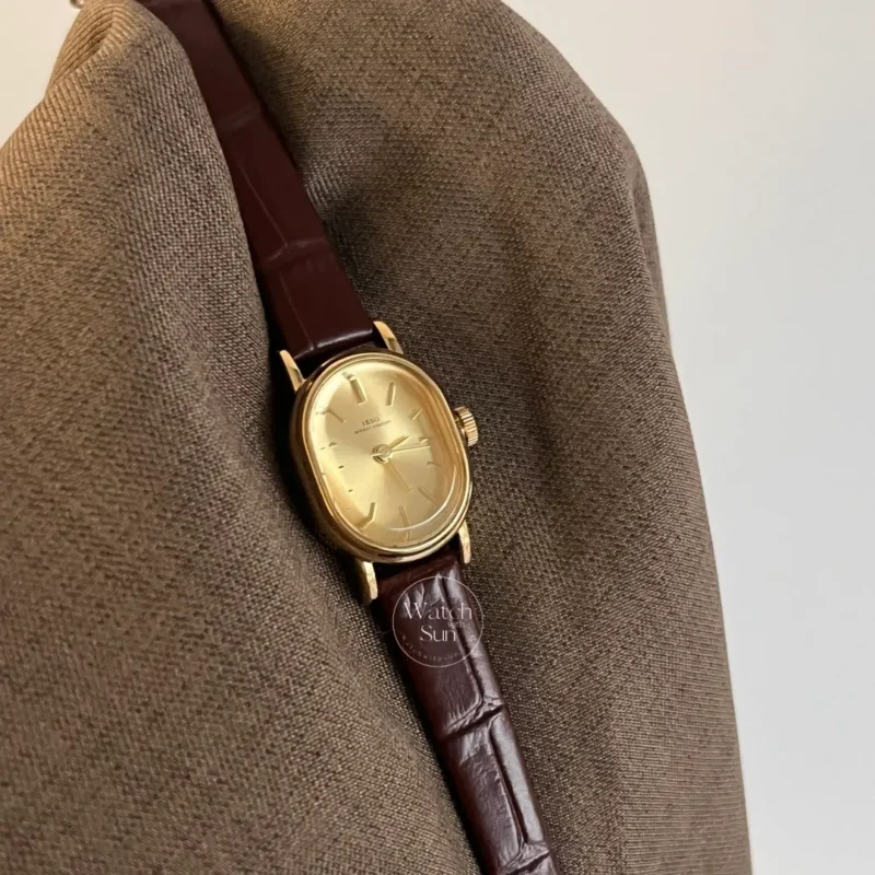 Classic Gold Oval  Face Brown Genuine Leather Strap Ladies Watch