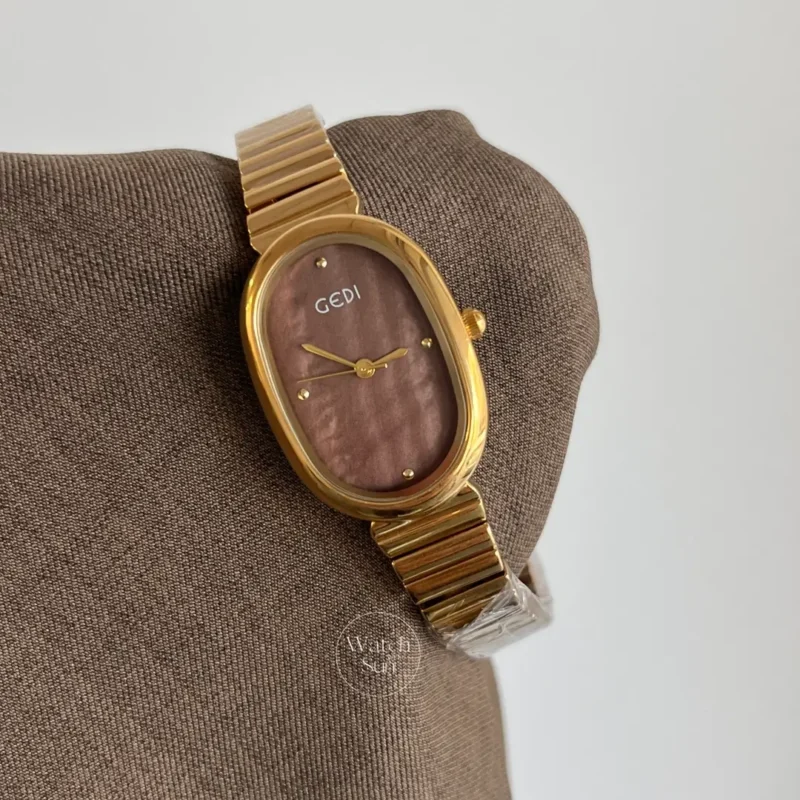 Minimalist Oval Brown Mother of Pearl Dial Gold Bracelet Ladies Watch
