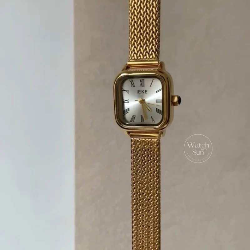 774-6 Chic Square Roman Numeral Dial Gold Mesh Band Ladies Watch