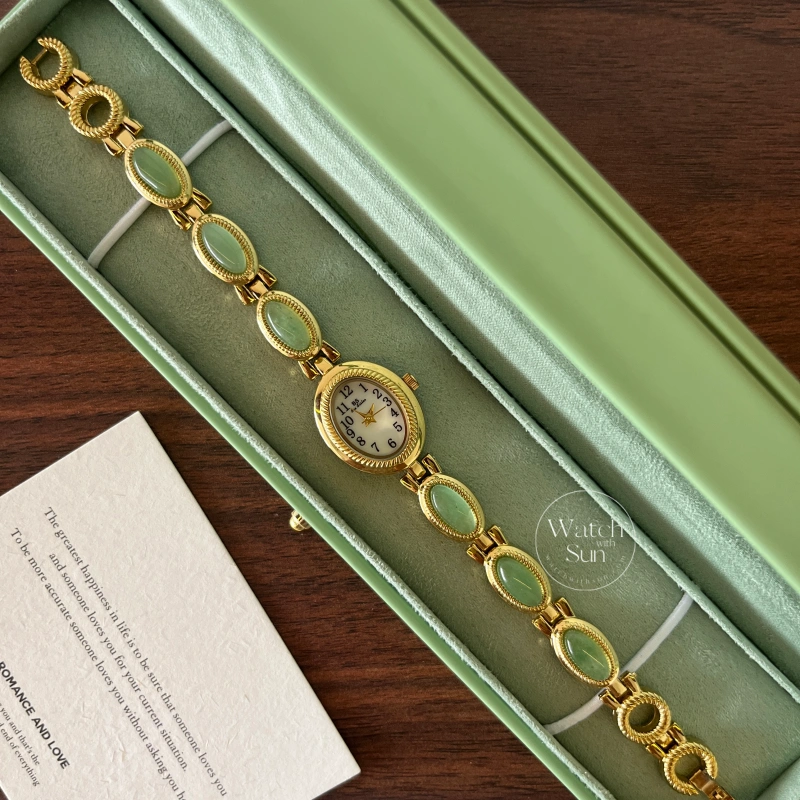 N754-3 Elegant Oval Mother of Pearl Dial Green Jade Bracelet Ladies Watch