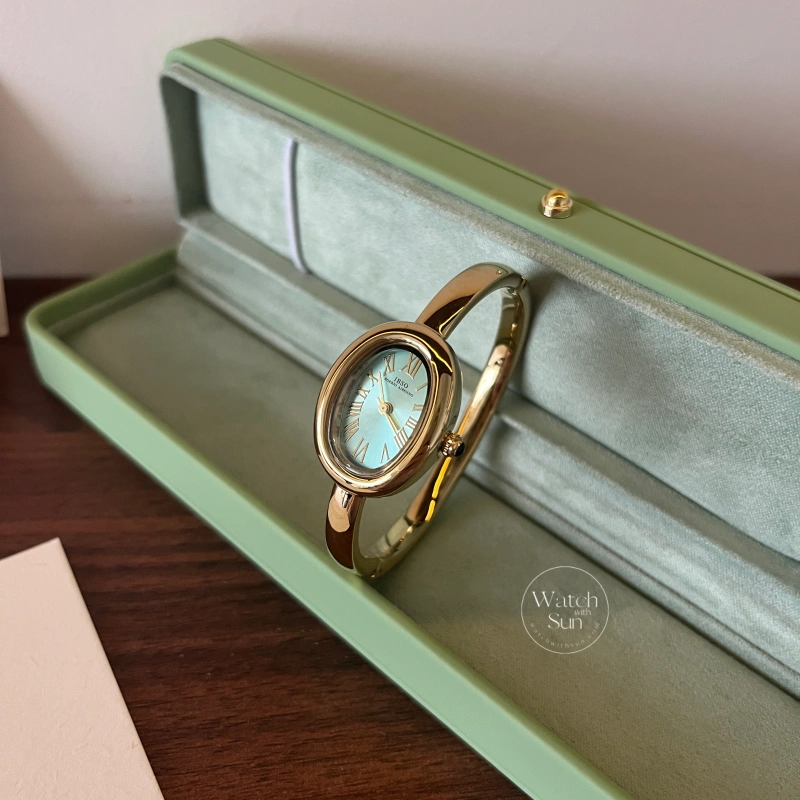 N758-2 Retro Oval Boho Green Dial Gold Bangle Ladies Watch