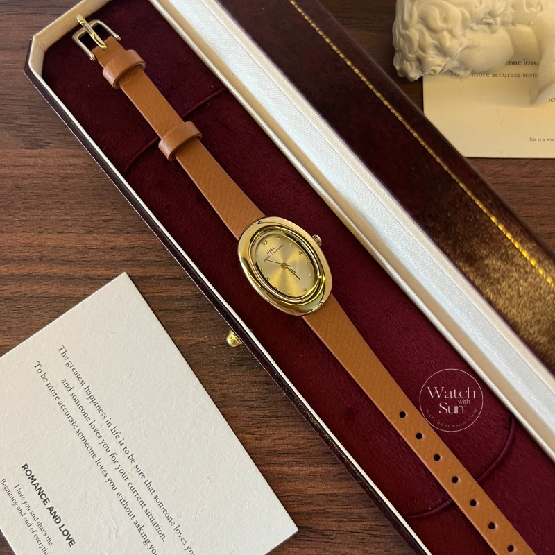 N768C-1 Modern Gold Oval Watch Brown/Orange Leather Strap Watch for Women