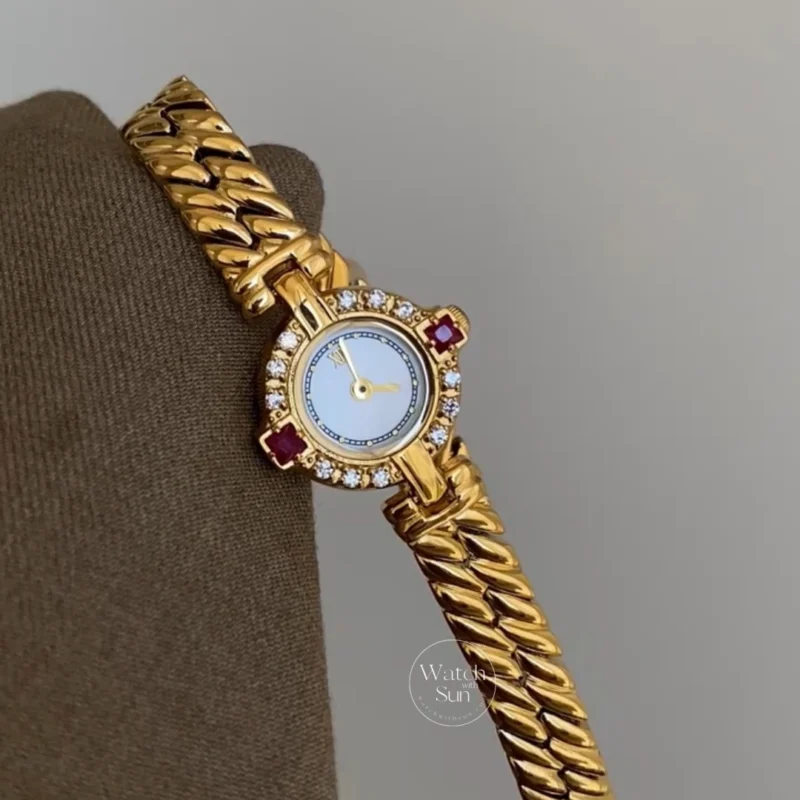 Vintage-Inspired Ruby Crystal Dial Gold Bracelet Ladies Watch