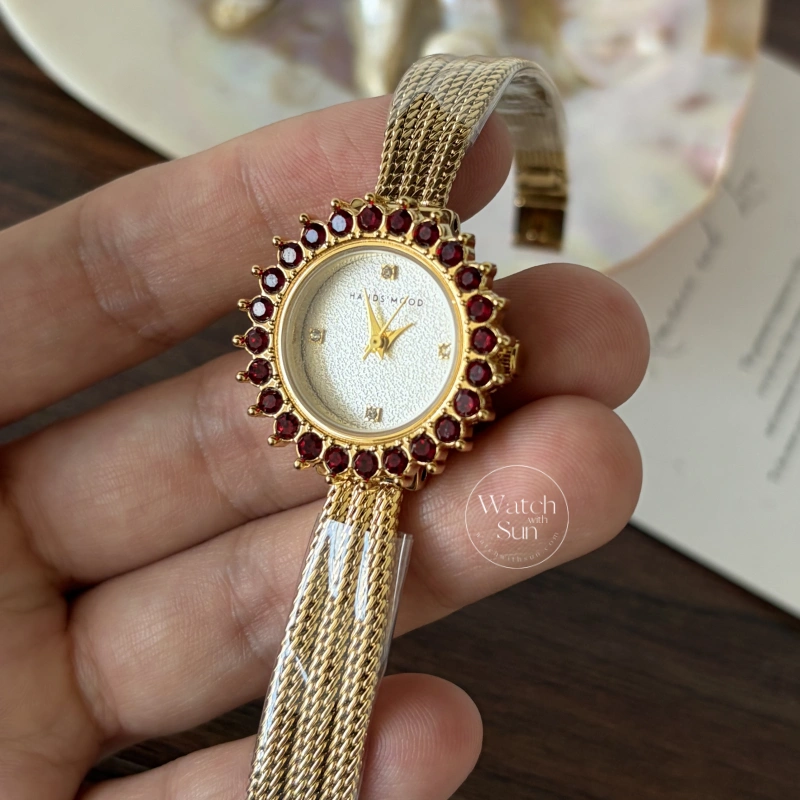 Vintage Gold Red Crystal Bezel Textured Mesh Bracelet Watch