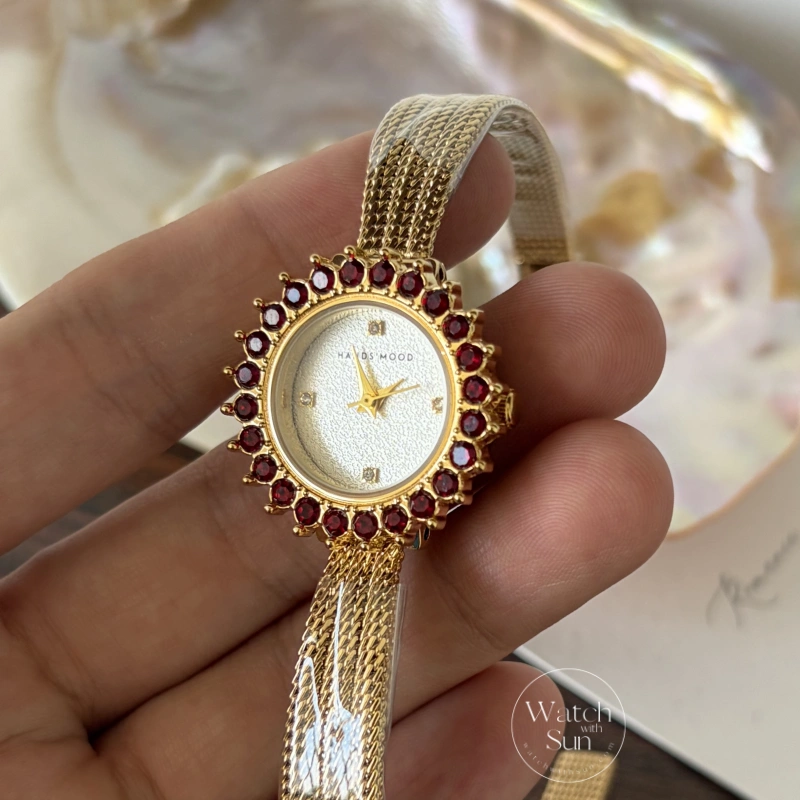 Vintage Gold Red Crystal Bezel Textured Mesh Bracelet Watch