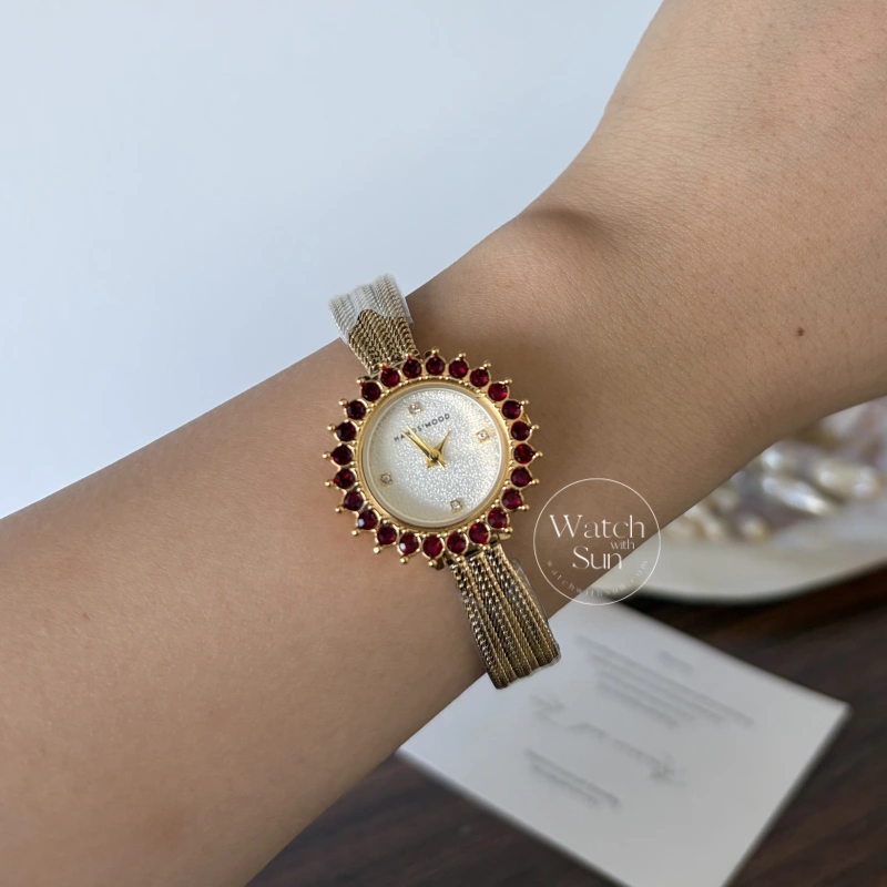 Vintage Gold Red Crystal Bezel Textured Mesh Bracelet Watch