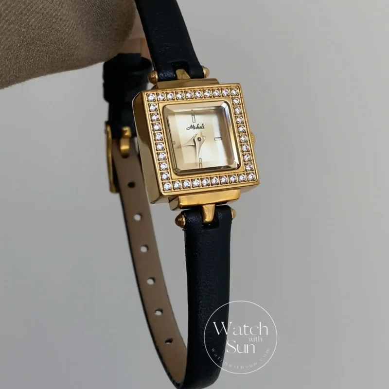 Elegant Square Gold Diamond Bezel Black Leather Strap Women's Watch
