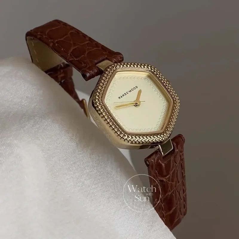 Sophisticated Gold Hexagonal Beaded Case Woman Watch Brown Leather